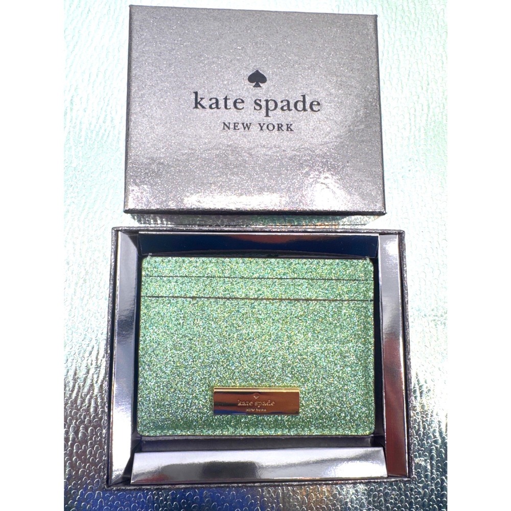 Kate Spade Slim Kenzie Card Holder Wallet Sea Green Glitter Gift NEW BOX $99